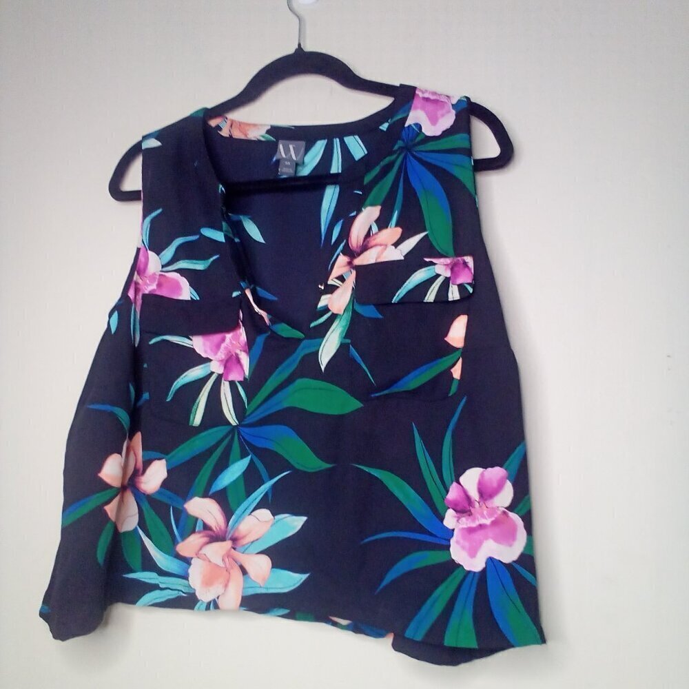Worthington Blouse Women 0X Sleeveless V-Neck Pockets Floral Colorful